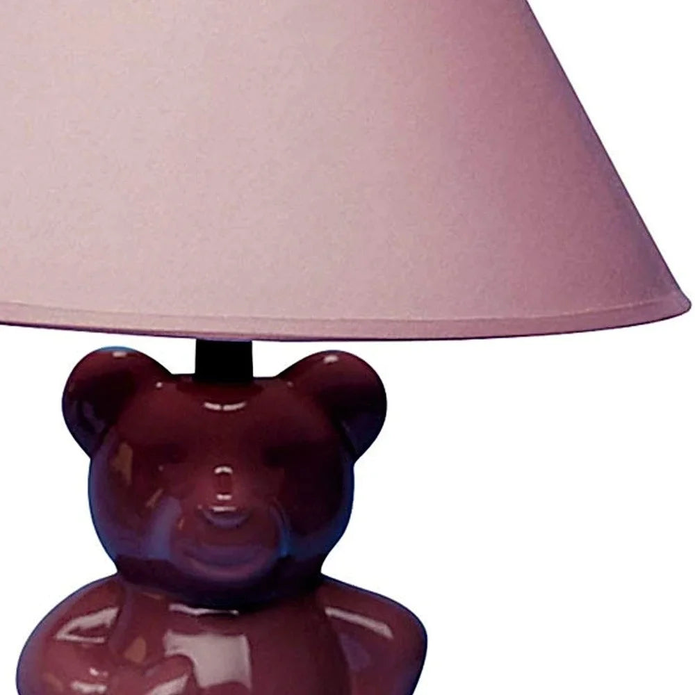 13" Pink Teddy Bear Ceramic Linen Shade Table Lamp - Small