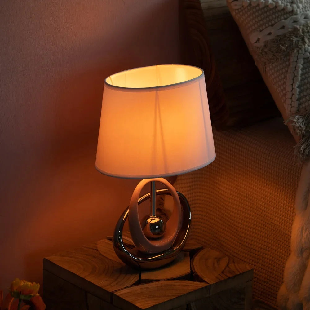 16" Decorative Ceramic Table Lamp, with Reflecting Silver and Pink Circular Stand and White Cotton Lampshade