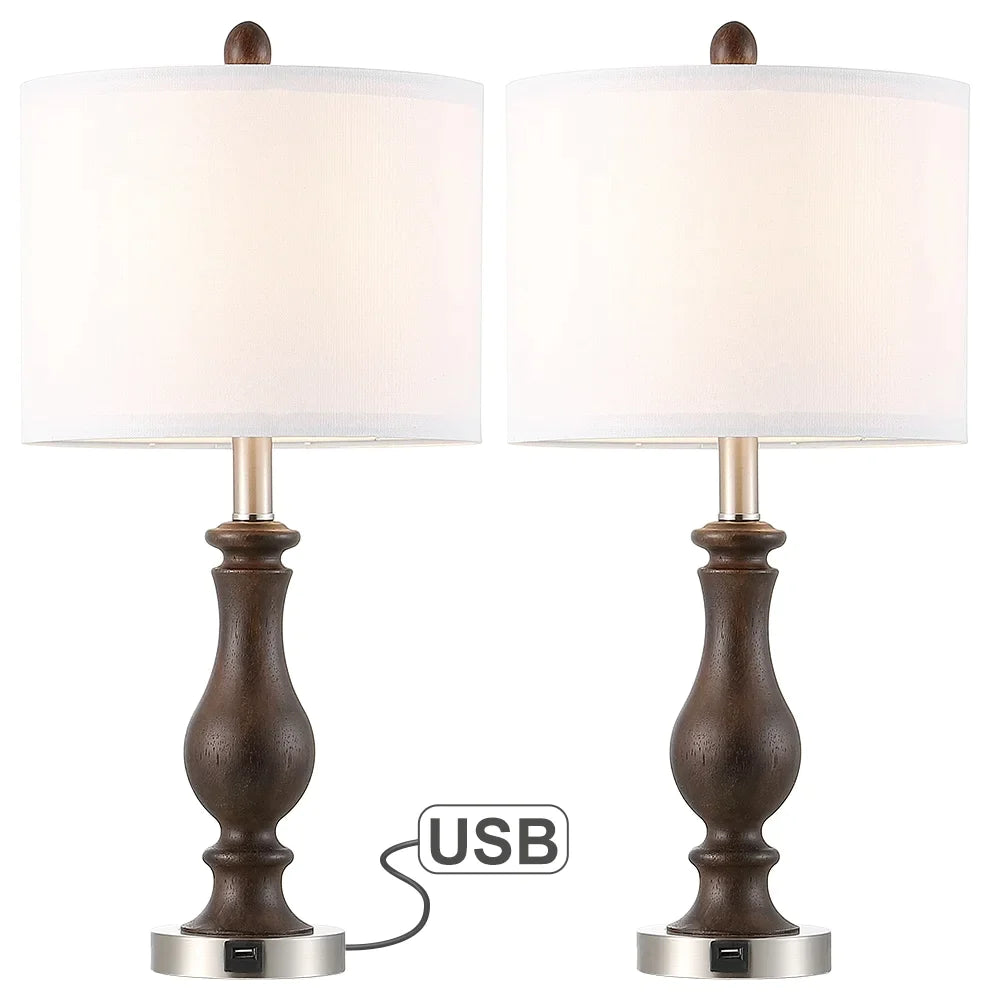 22.8 in. Mahogany and Brushed Nickel Table Lamp with USB Port and White Linen Shade (Set of 2) - 22.8"H