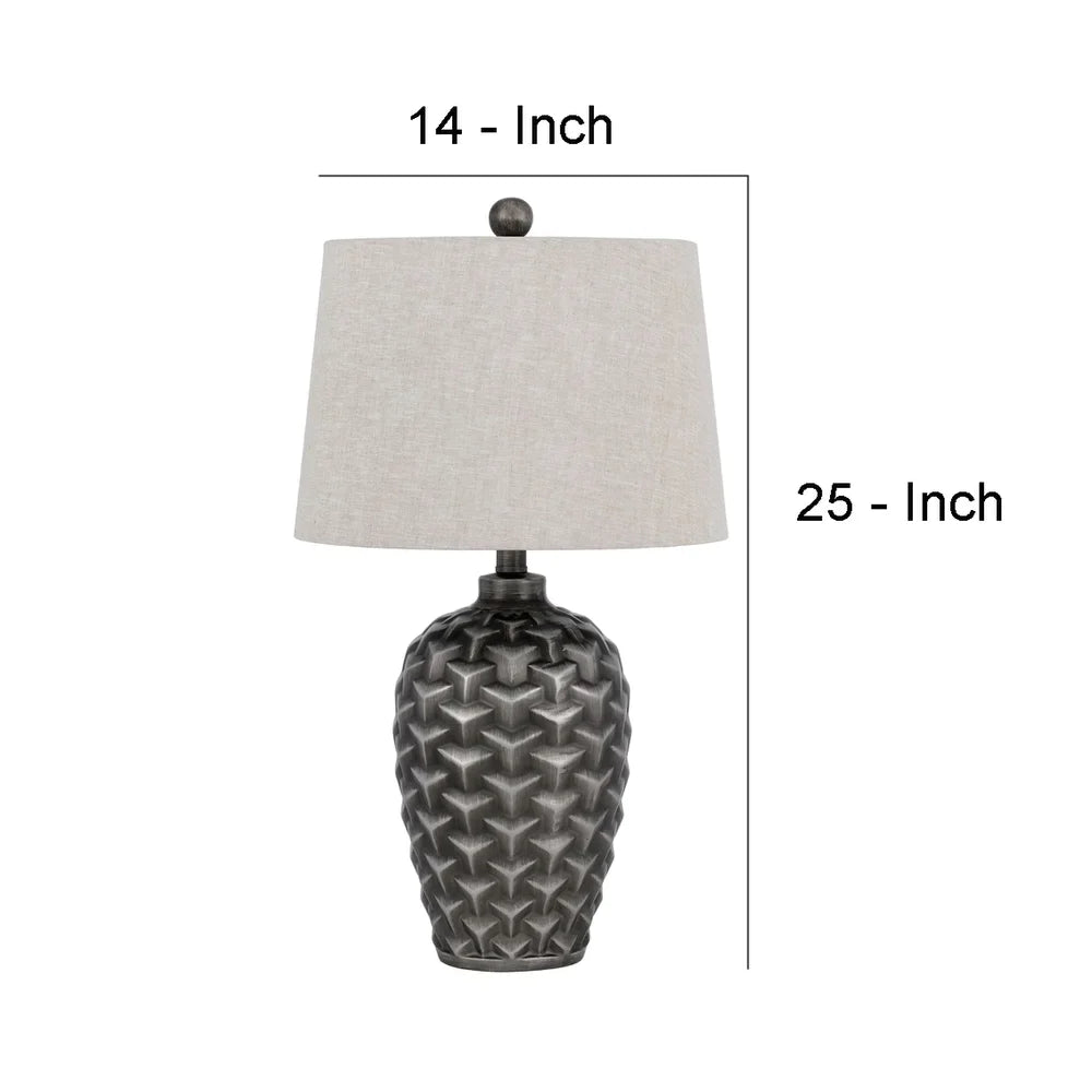 25 Inch Urn Base Table Lamp with 3D Trellis Pattern, Silver