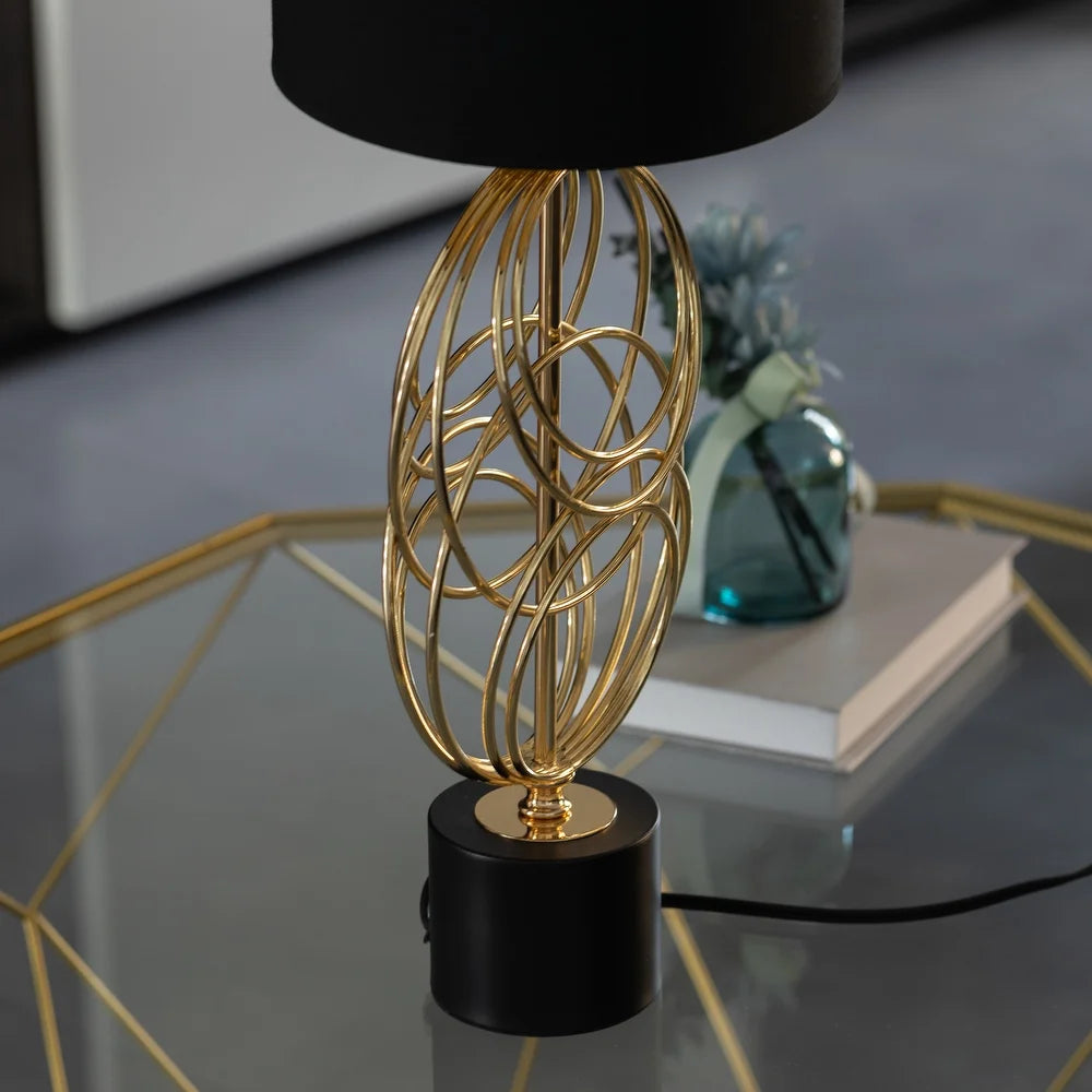 26" Decorative Metal Table Lamp with Gold Circular Stand and Black Cotton Lampshade
