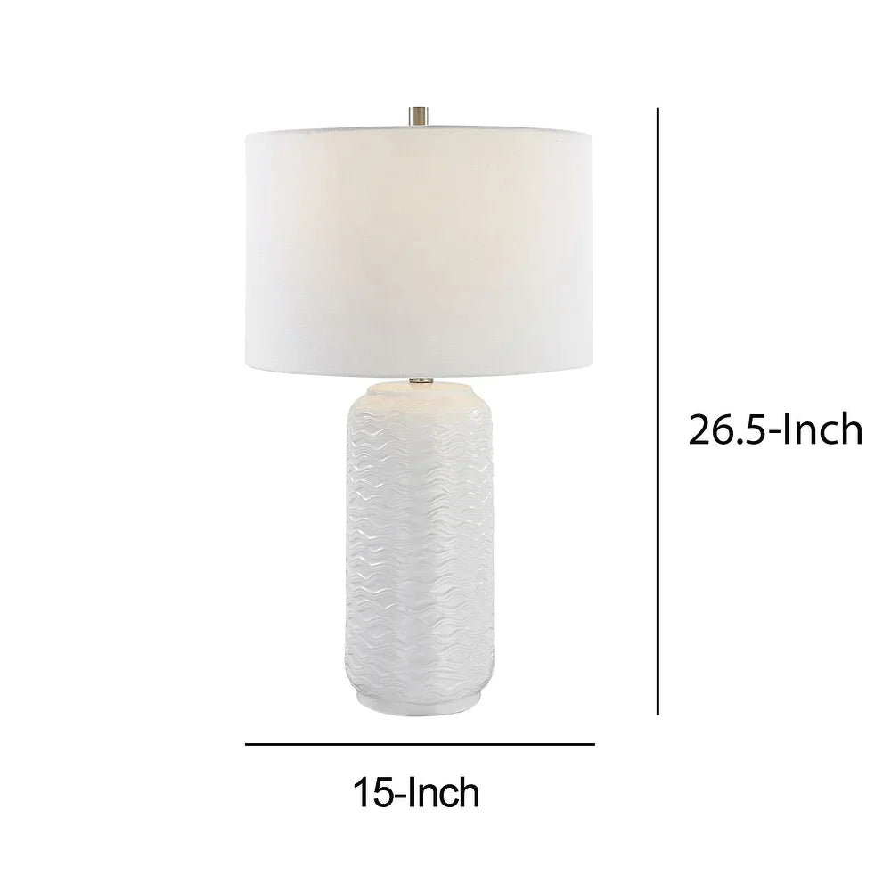 27 Inch Ceramic Table Lamp, Wavy Texture, Silver, White