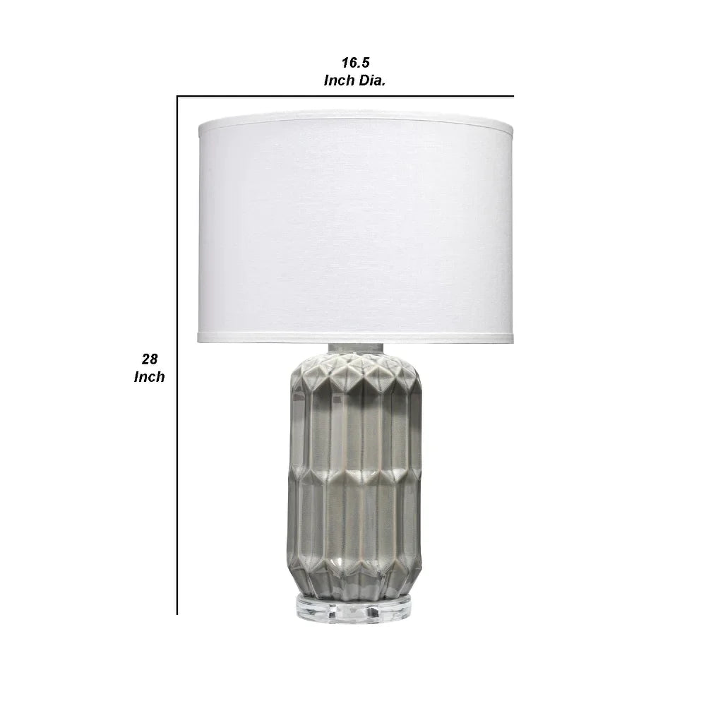 28 Inch Ceramic Table Lamp with Faceted Base, White and Grey