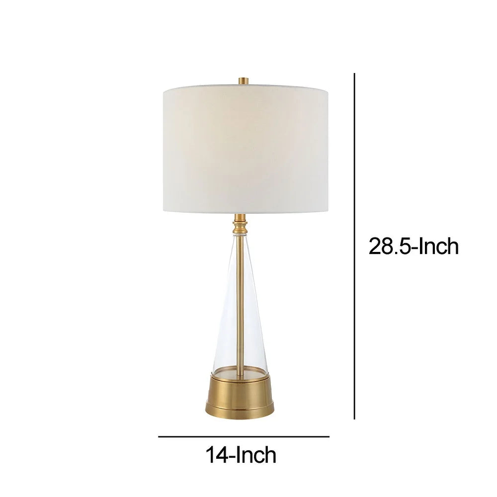 29 Inch Metal Table Lamp, Cone Shaped Glass Base, Antique Brass, White