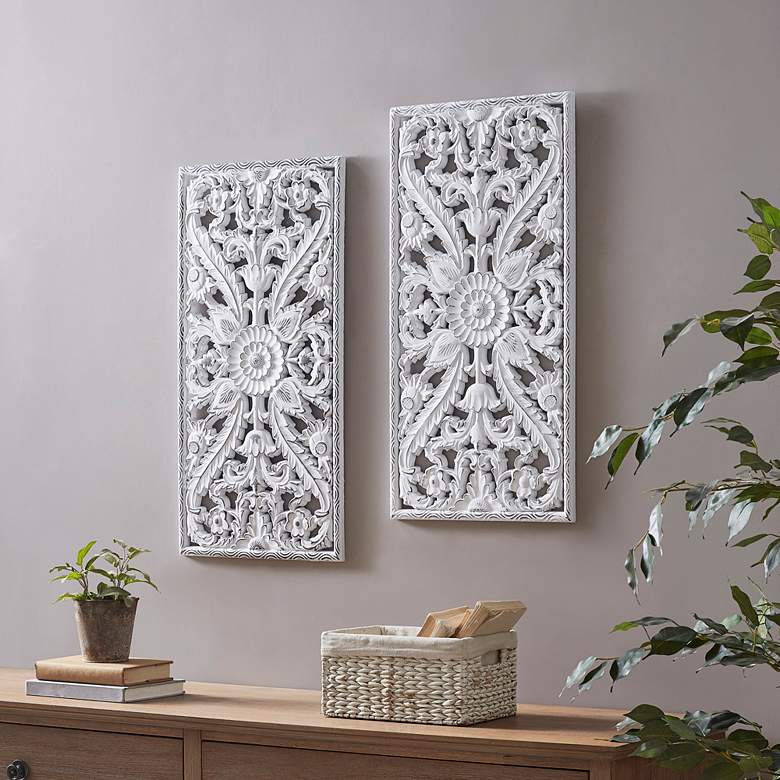 White Botanical Carved Wood Wall Art Set of 2