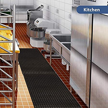 tonchean 35'' x 83'' Rubber Kitchen Mat Anti-Fatigue Drainage Rubber Mat Non-Slip Bar Drainage Utility Floor Mat Heavy Duty Wet Area Doormat for Restaurant Industrial Garden Use, Black