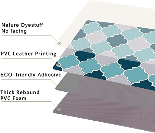 Moonysweet Anti Fatigue Kitchen Rug Mat Non Skid Cushioned Teal Blue Grey Waterproof Non Slip PVC Leather Runner Standing Mat Trellis Quatrefoil 17" x 29" +17" x 47" (2 Pieces)