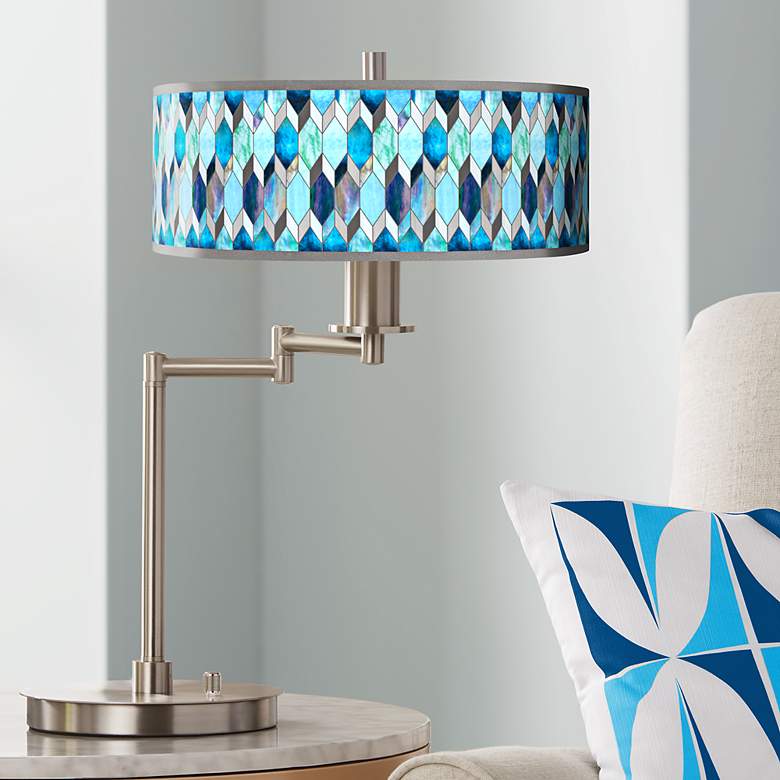 Blue Faux Silk Swing Arm Desk Lamp
