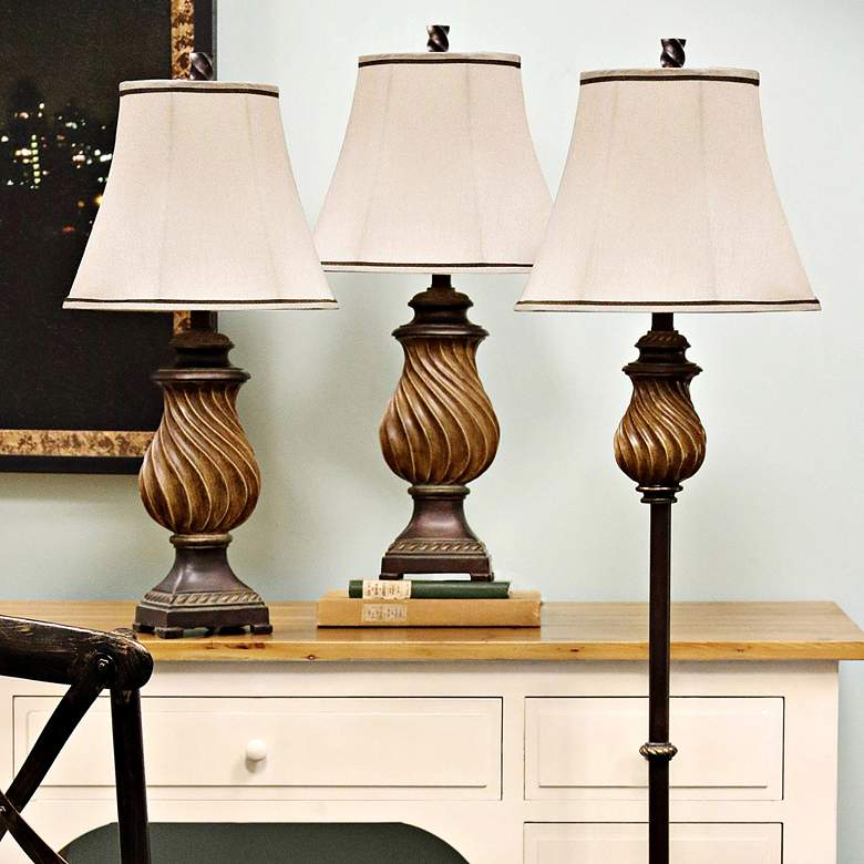 Toffee Wood 3-Piece Table Lamps and Floor Lamp Set