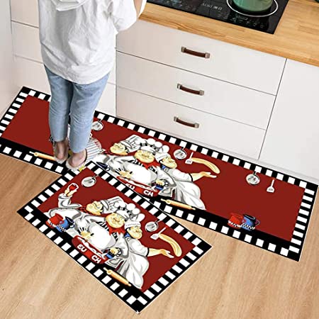EUCH 2 Piece Kitchen Mat Rubber Backing Carpet Doormat Runner Bathroom Rug Set,17"x47"+17"x23" (Big Three Chef)
