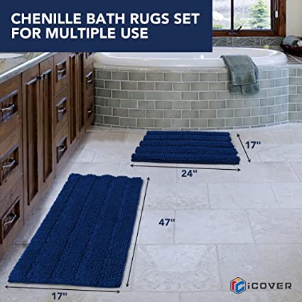 iCOVER Bathroom Rugs Set, Anti-Slip Design Thick Chenille Striped Bath Mats, Strong Absorbent Floor Mats Machine Washable Also for Kitchen, Living Room, Bedroom (32" x 20" and 24" x 17", Grey)