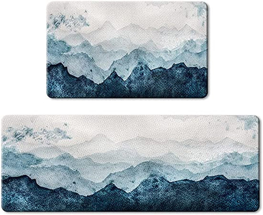 QiyI Floor Comfort Mats 2 Pieces Kitchen Rugs Leather Waterproof Oil Proof Runner Non Skid Standing Mat Set Anti Fatigue Padded Doormat 17" W x 29" L + 17" W x 47" L - Blue White Watercolor Mountain