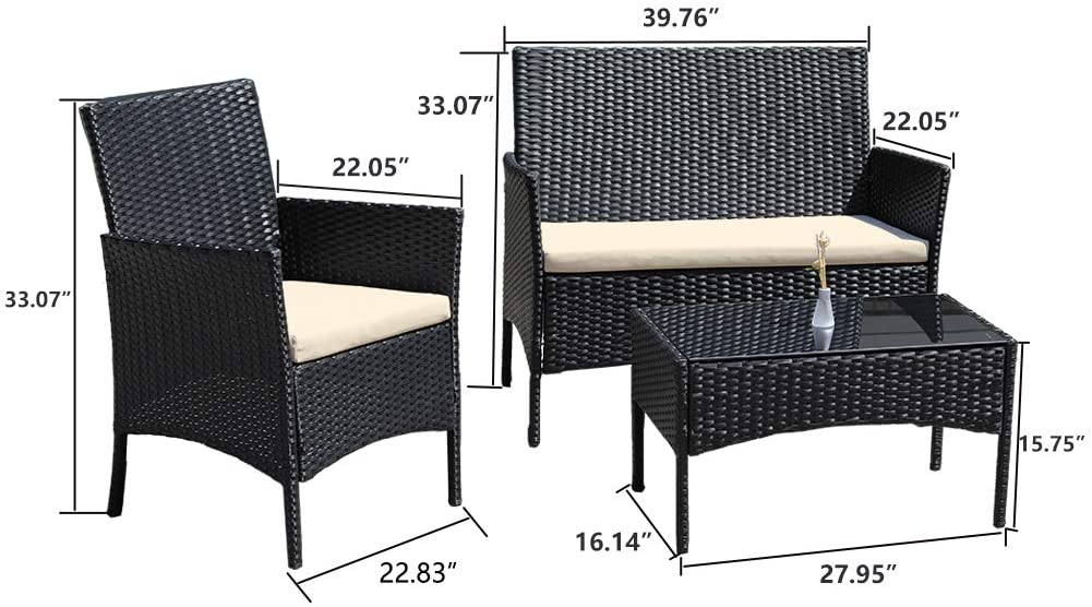 Rattan Patio Indoor/Outdoor Black/Beige Conversation Set - Chairs / Coffee Table