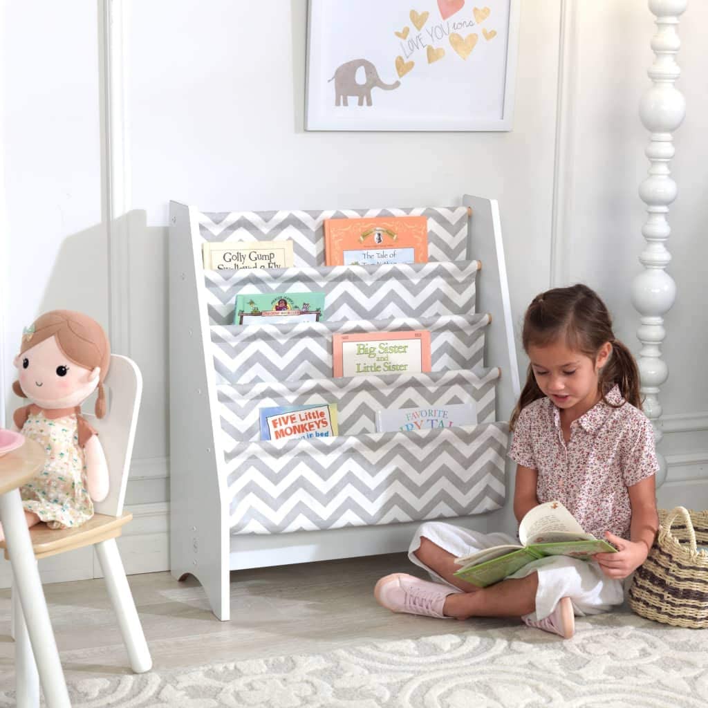 Wooden Sling Bookcase, Sturdy Canvas Fabric, Chevron Pattern- Gray & White
