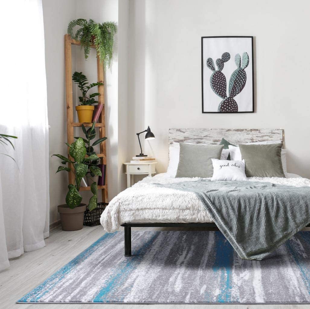 Modern Abstract Soft Ivory Grey Turquoise Area Rug