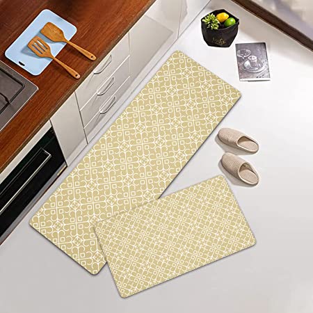 Artnice Anti Fatigue 2 Piece, White Floral Trellis Black Kitchen Rugs, Memory Foam Kitchen Floor Mats for Work Place Kitchen Hallway Bedroom Living Room