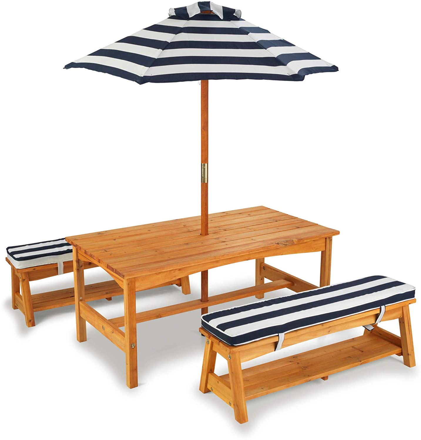 Outdoor Table and Bench Set with Cushions and Umbrella, Kids Backyard Furniture, Espresso with Oatmeal and White