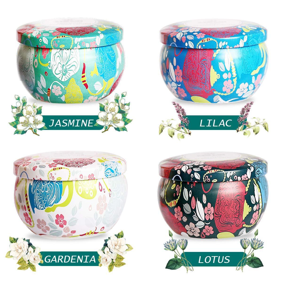 Scented Candles Natural Soy Wax - Jasmine, Lotus, Lilac Blossoms & White Gardenia - Set Gift of 4