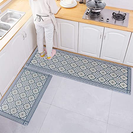 Anti Fatigue Grey Blue Boho Kitchen Runner Rug Padded Rubber Cushioned Standing Mats 2 Piece Set 17"x30"+17"x47" Memory Foam Non Slip Waterproof PVC Leather Under Sink Mat