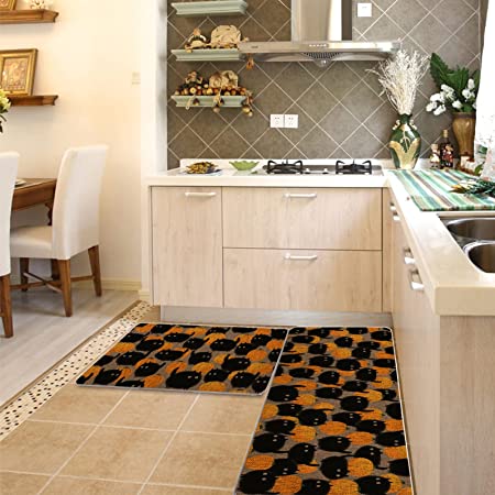 Halloween Kitchen Rug Pumpkins Cat Kitchen Mats Set of 2, Halloween Holiday Farmhouse Party Floor Mat for Home Kitchen Bathroom Decorations - 17x27 and 17x47 Inch