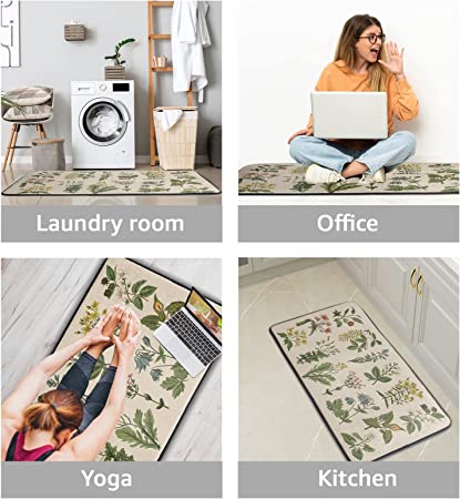 Floral Herbs Kitchen Rugs Floor Mat Anti Fatigue Washable Sage Leaves Door Mats for Home & Kitchen & Office Wild Plant Decor Memory Foam Mat Non-Skid 39x20inch
