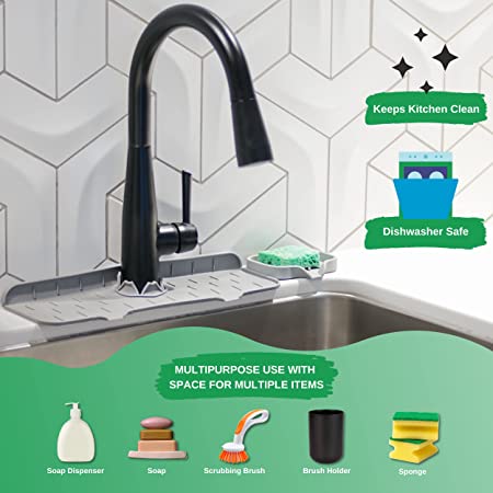 2 PCS Silicone Kitchen Faucet Mat and Soap Tray with Drain - Drip Tray with Drain, Kitchen Splash Guard, Bathroom Counter Organizer, Sponge Holder, Silicone Mat, Grey