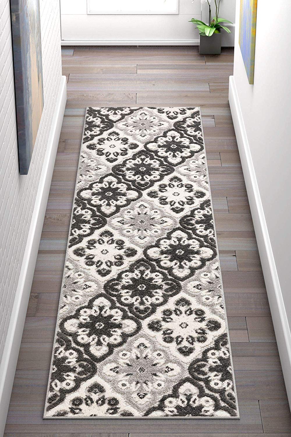 Floral Panel Gray white High Traffic Stain Resistant Indoor Outdoor Area Rug