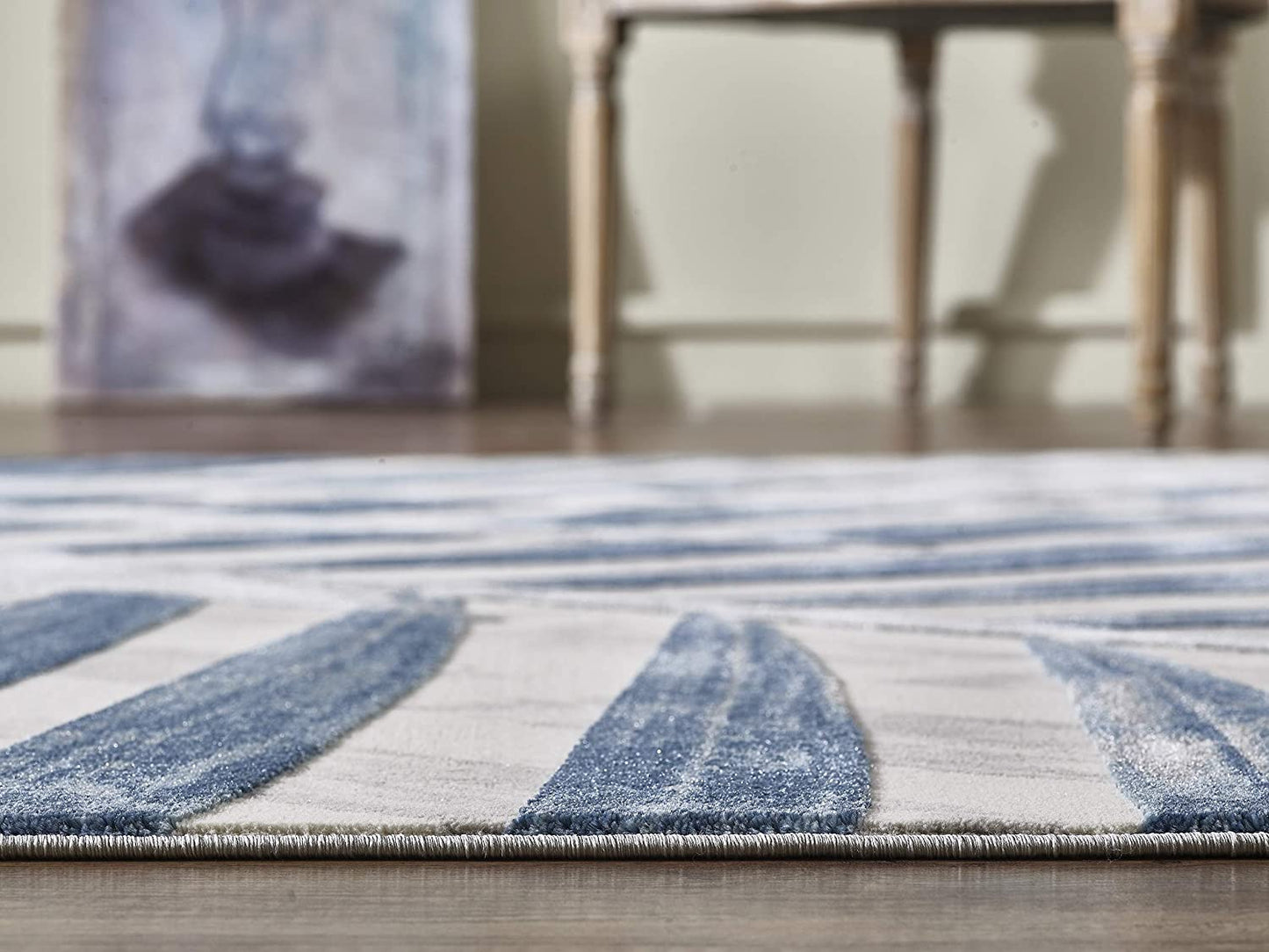 Blue Grey & Beige Floral Palm Leaf Pattern Modern Eclectic Rug