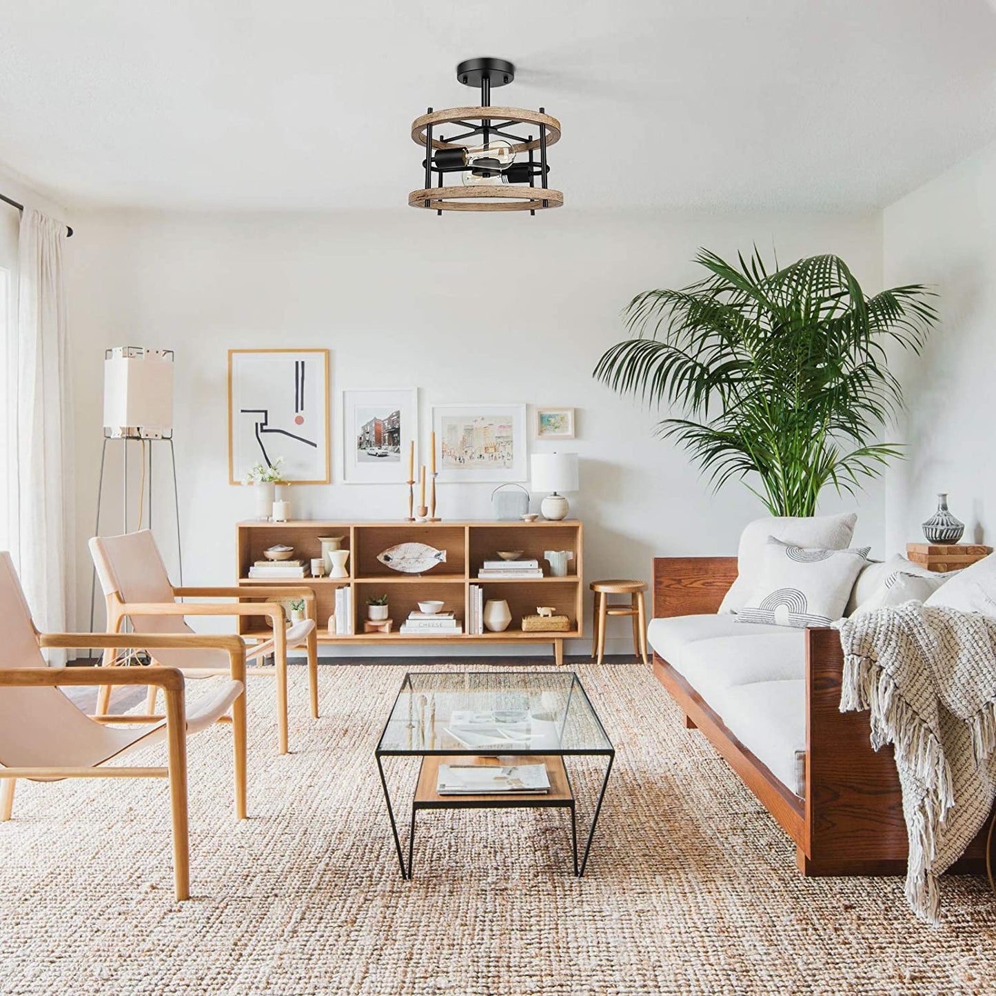 Retro Semi Flush Mount Ceiling Light Fixture, Rustic Vintage Wood Ceiling Light