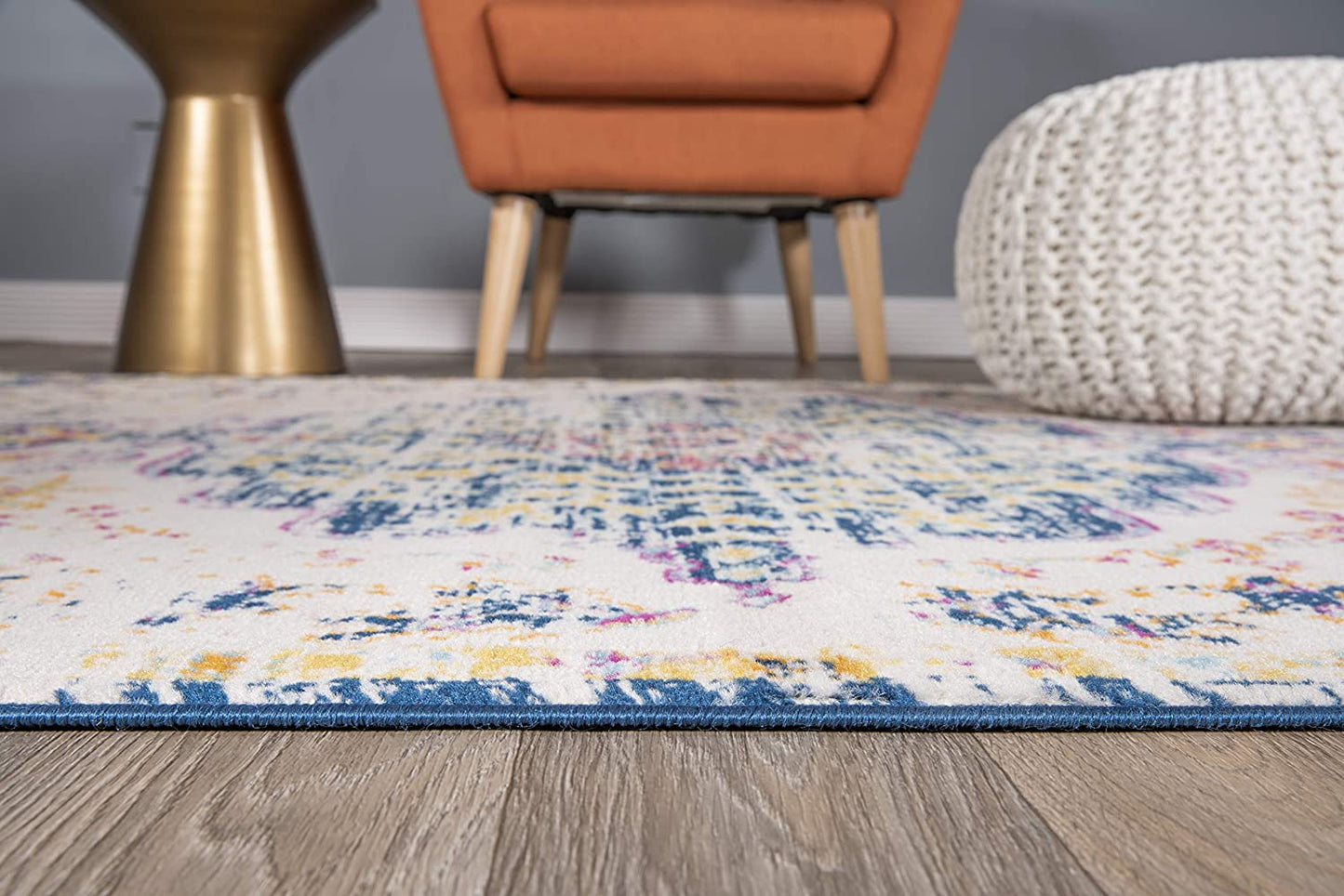 Vintage Medallion Floral Ivory Dark Blue Soft Area Rug