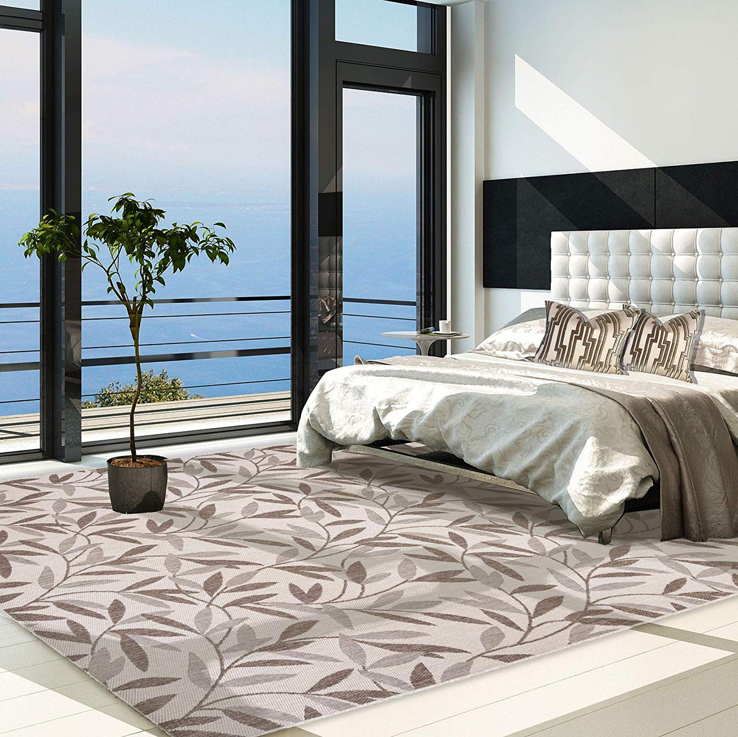 Beige Leaf Tropical Indoor Outdoor Patio Area Rug