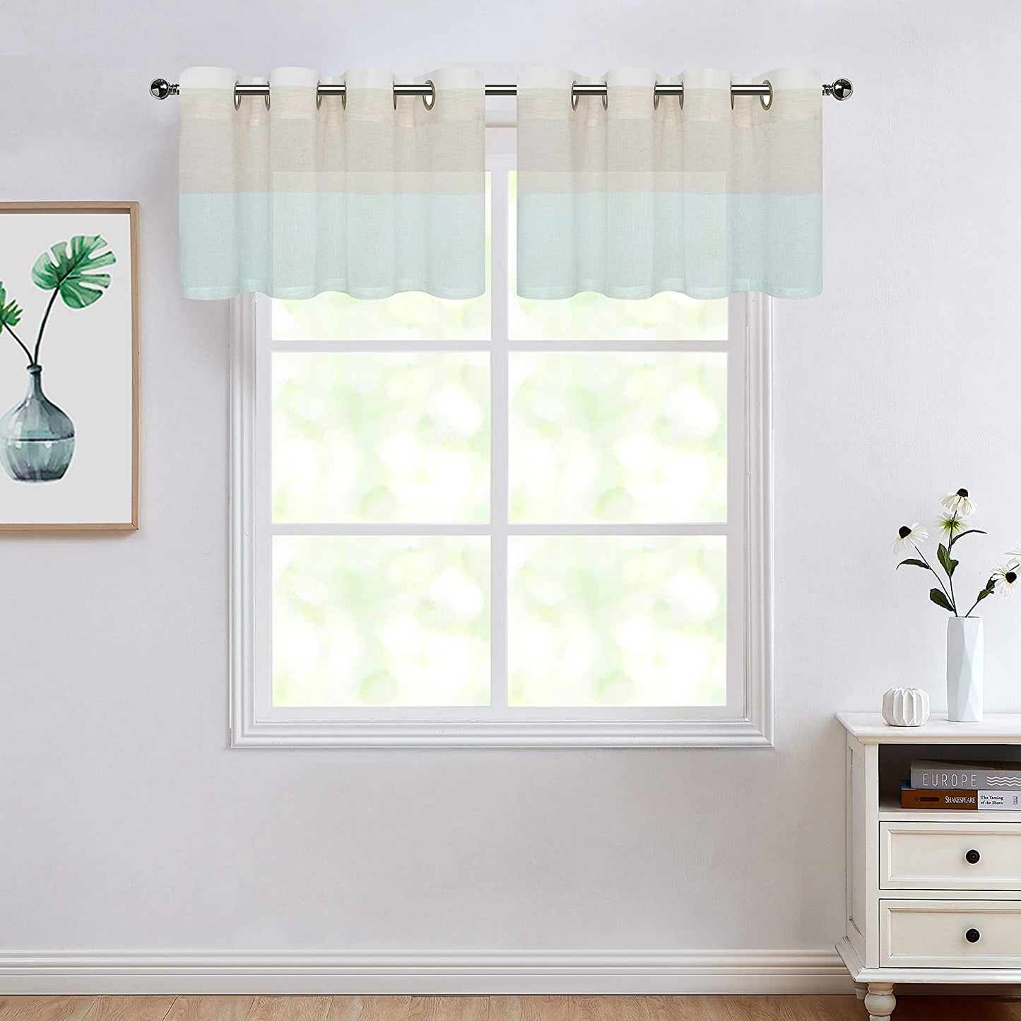 Gray Tan Stripe Sheer Color Block Window Curtain Panel Linen 95 inches Long with Grommets, 2 Panel Rustic Drapes