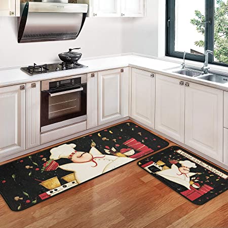 2 PCS Coffee Theme Kitchen Rugs and Mats Non Skid Washable Black Kitchen Mat Soft Super Absorbent Anti Fatigue Kitchen Mat Runner Set Doormat Bathroom