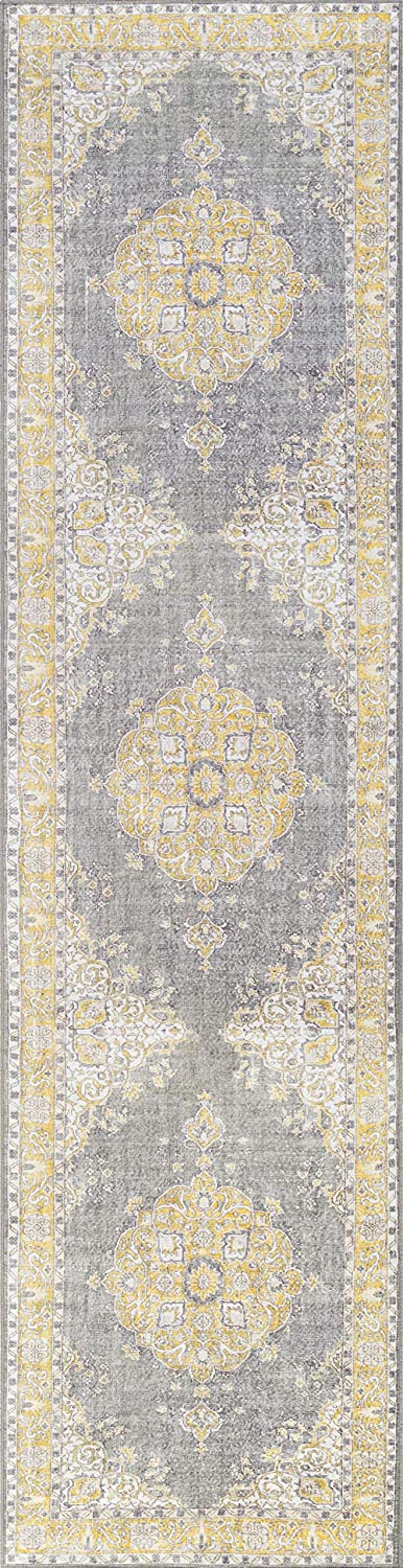Mareva Machine Washable Yellow Vintage Oriental Medallion Area Rug