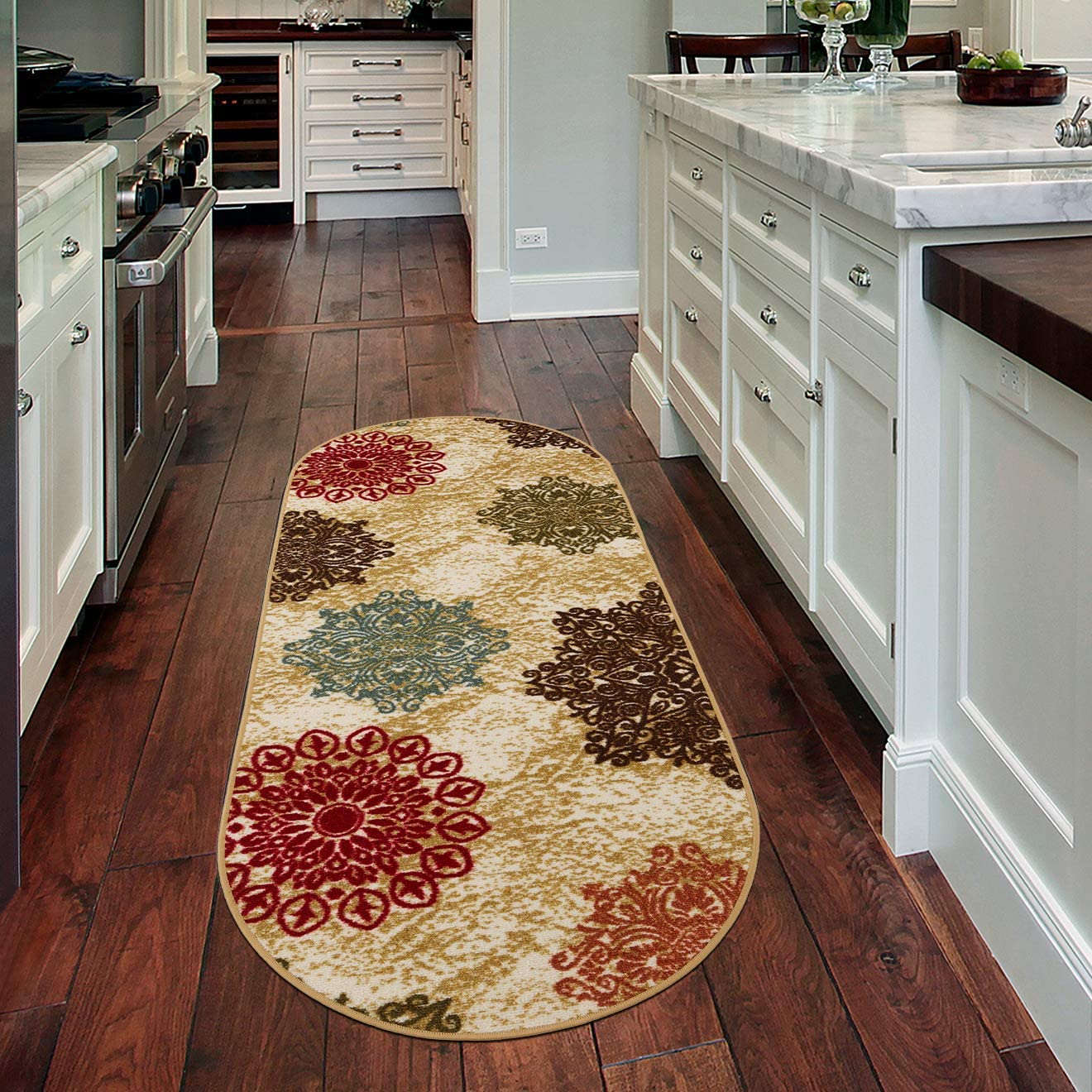 Modern Floral Non-Skid (Non-Slip) Low Profile Pile Rubber Backing Indoor Area Rugs Beige
