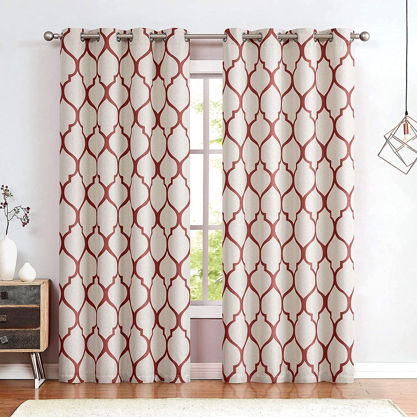 Moroccan Tile Linen Textured Curtains Printed Curtain Panel Thermal Insulated Window Treatment 1 Panel 45 Inch Beige
