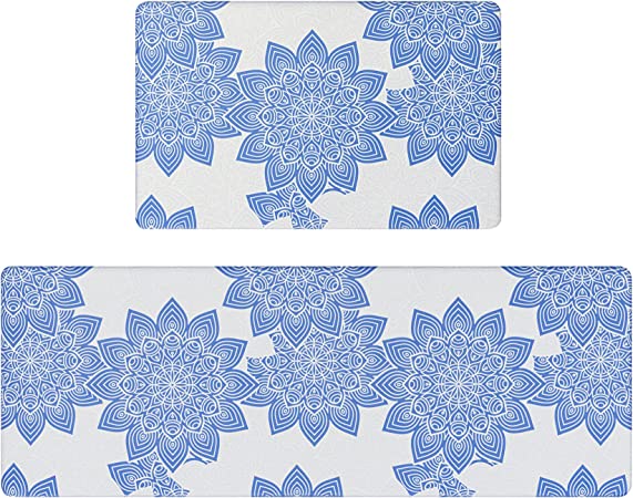 MELAJIA Kitchen Mats Cushioned Anti Fatigue 2 Piece Set Comfort Floor Mat Non Skid Waterproof PVC Heavy Duty Kitchen Rugs (17.3" x 27.5" + 17.3" x 47.2")