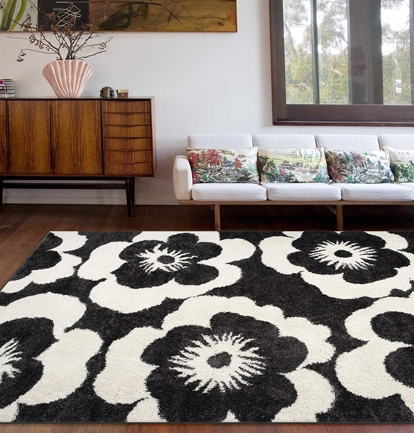 Floral Dark Gray Ivory Soft Shag Area Rug