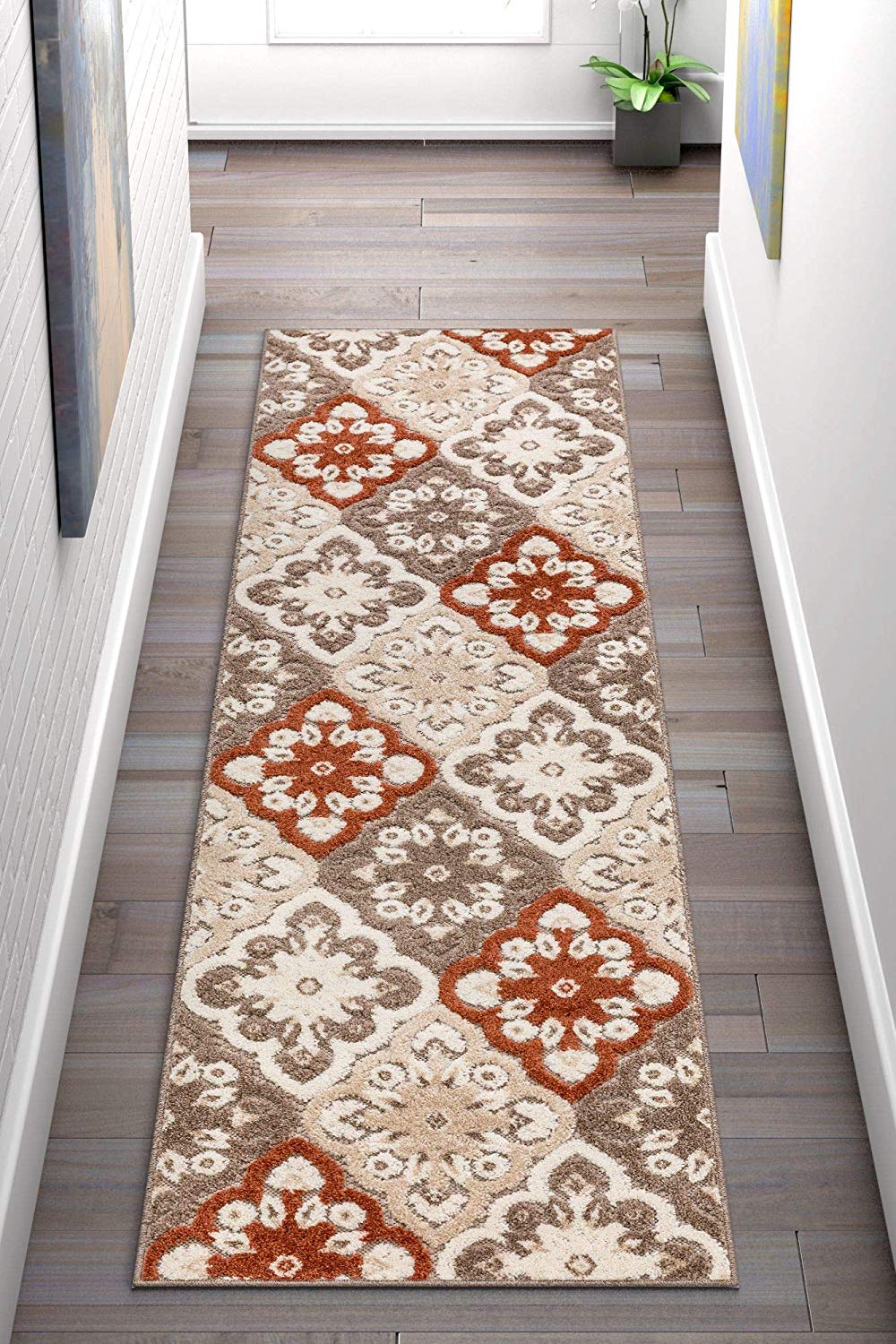Floral Panel Red, Beige, Taupe, High Traffic Stain Resistant Indoor Outdoor Area Rug