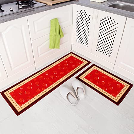 Carvapet 2 Pieces Non-Slip Kitchen Mat Rubber Backing Doormat Runner Rug Set, Cozinha Desig Navy Blue,15"x47"+15"x23"