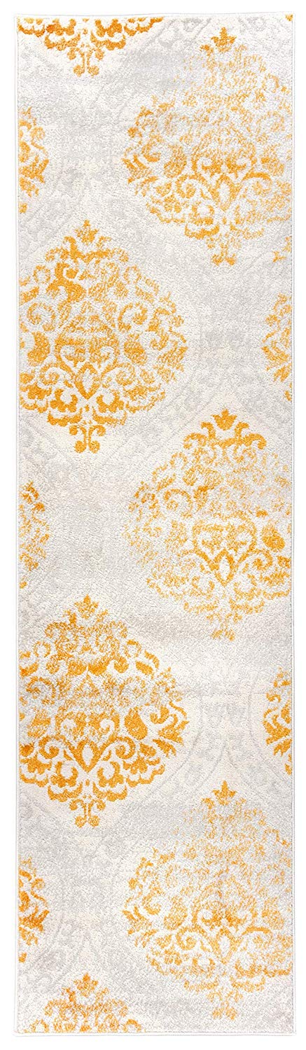 Floral Damask Yellow Ivory Area Rug