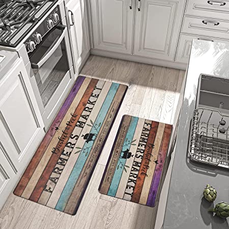 Falflor Farmhouse Kitchen Rugs 2PCS Anti-Fatigue Cushioned Kitchen Rugs and Mats Non Slip Standing Floor Mats Thick Foam Standing Mat for Kitchen Sink Office(Grey)