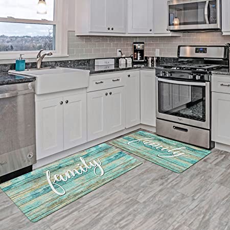 ROSMARUS Farmhouse Family Kitchen Rug Set 17"x47"+17"x30", Waterproof Non Slip Kitchen Rugs and Mats Anti-Fatigue Cushioned PVC Comfort Standing Kitchen Mat Kitchen Carpet (Green)