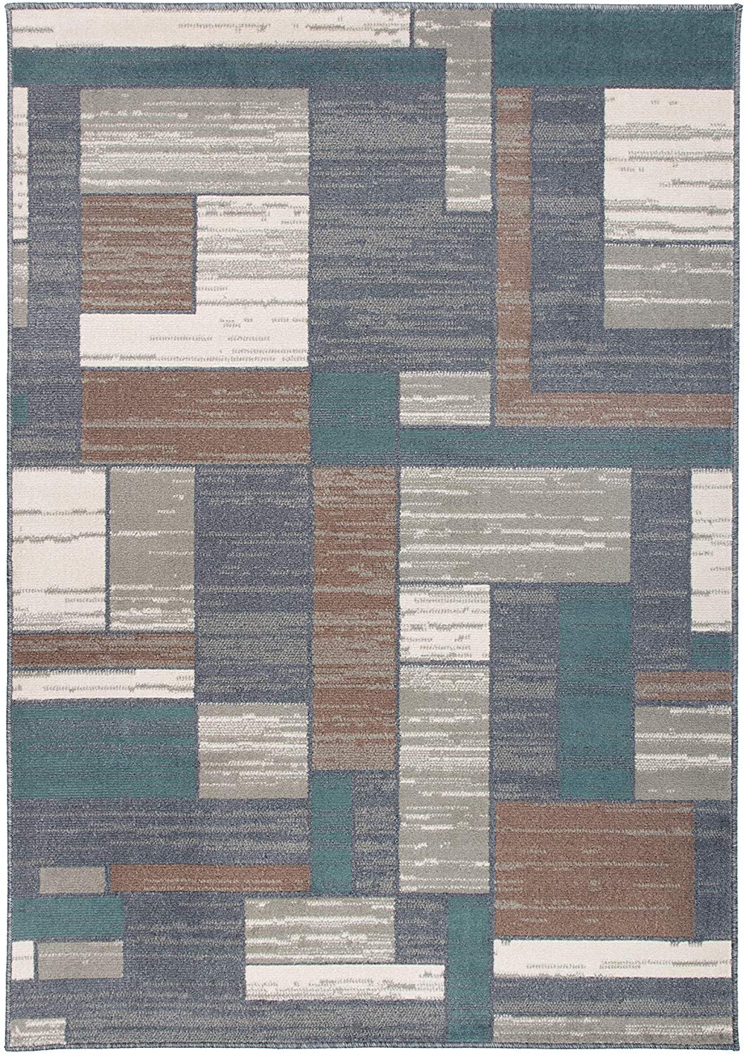 Boxes Distressed Pattern Soft Gray Brown Navy Beige Area Rug