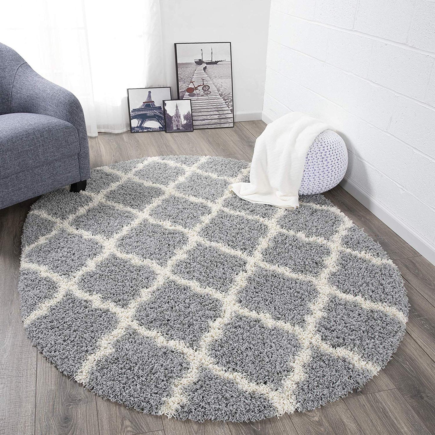 Gray Soft White Shag Trellis Area Rugs