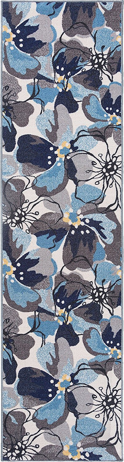 Blue Gray Ivory Floral Area Rug Non Slip/ No Skid - Low Pile