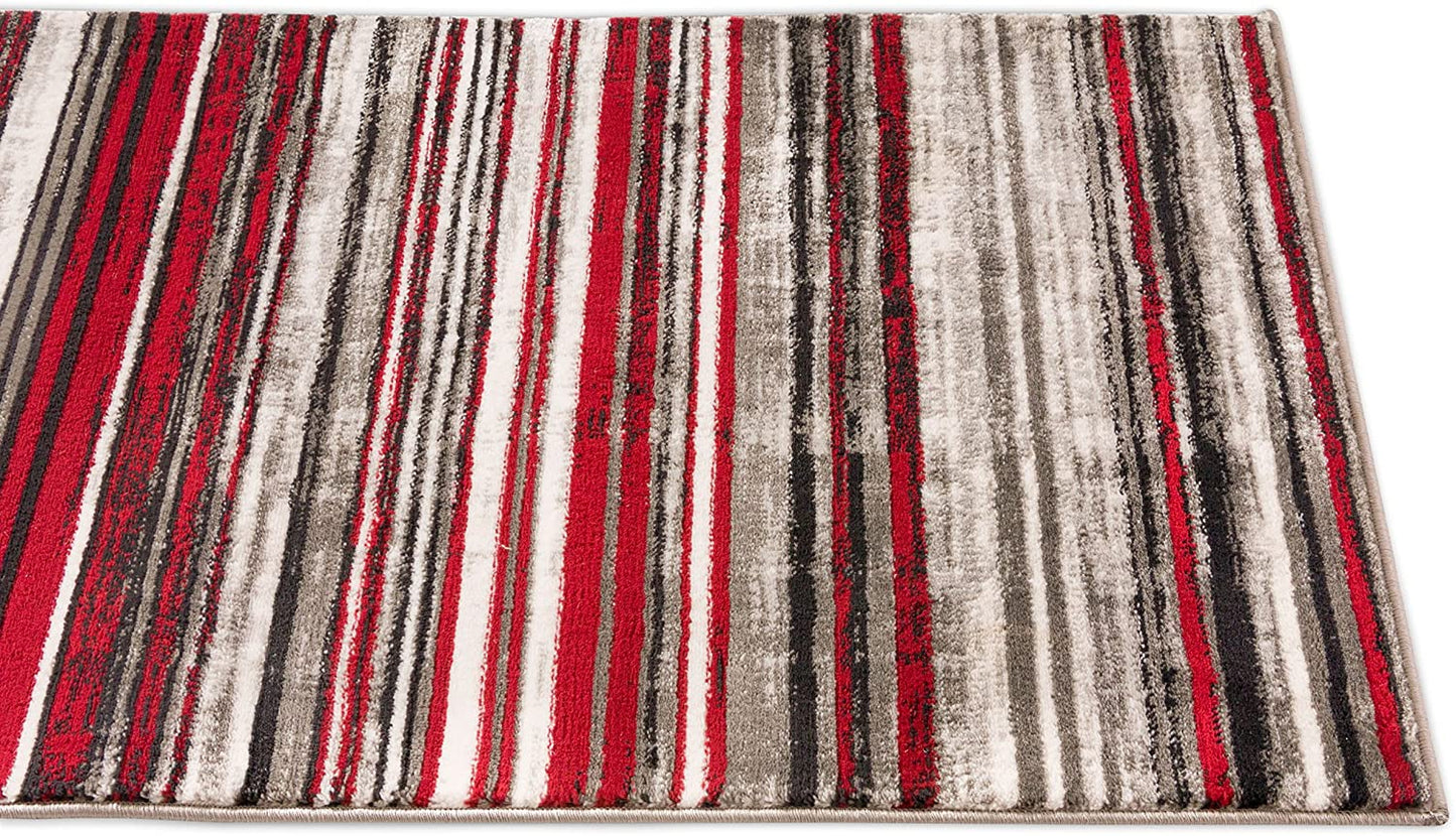Modern Distressed Geo Stripes Red Area Rug
