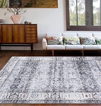 Distressed Transitional Border Machine Washable Non Slip Area Rug Gray