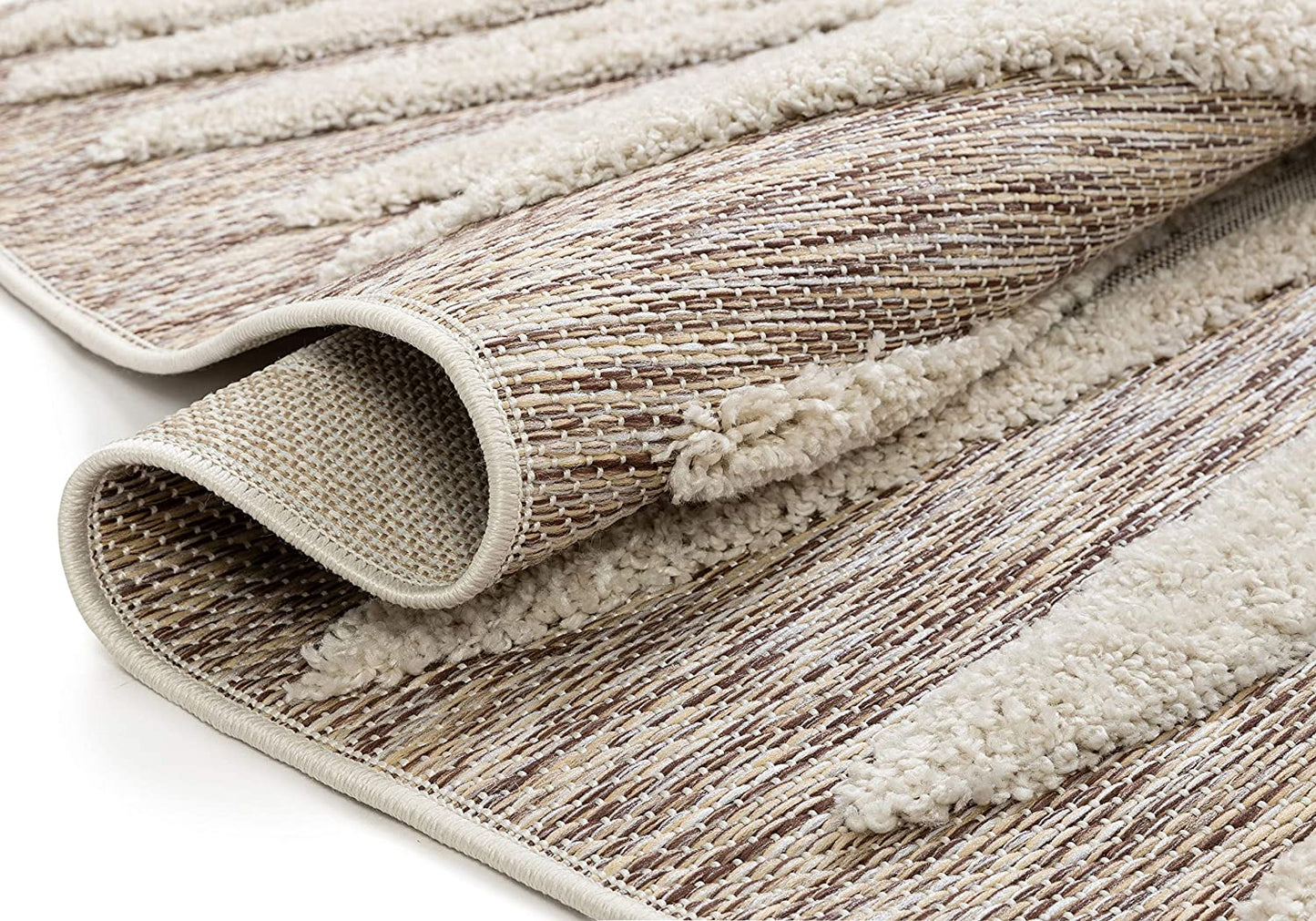 Bergen Beige Flat-Weave Hi-Low Pile Stripes Moroccan Tribal Area Rug