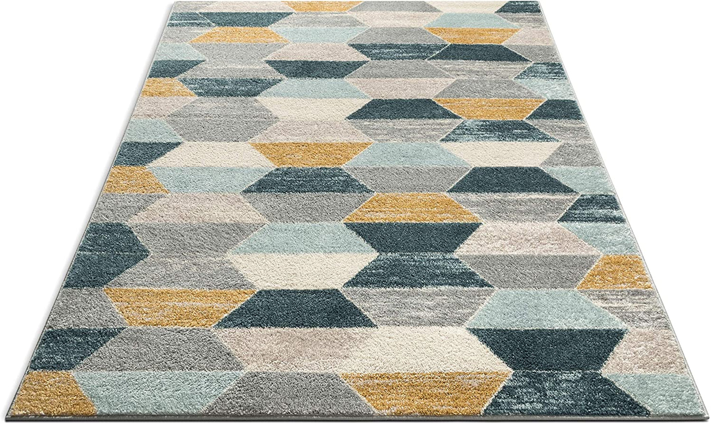 Honeycomb Hexagon Geometric Blue, Mustard Gold, Grey Area Rug